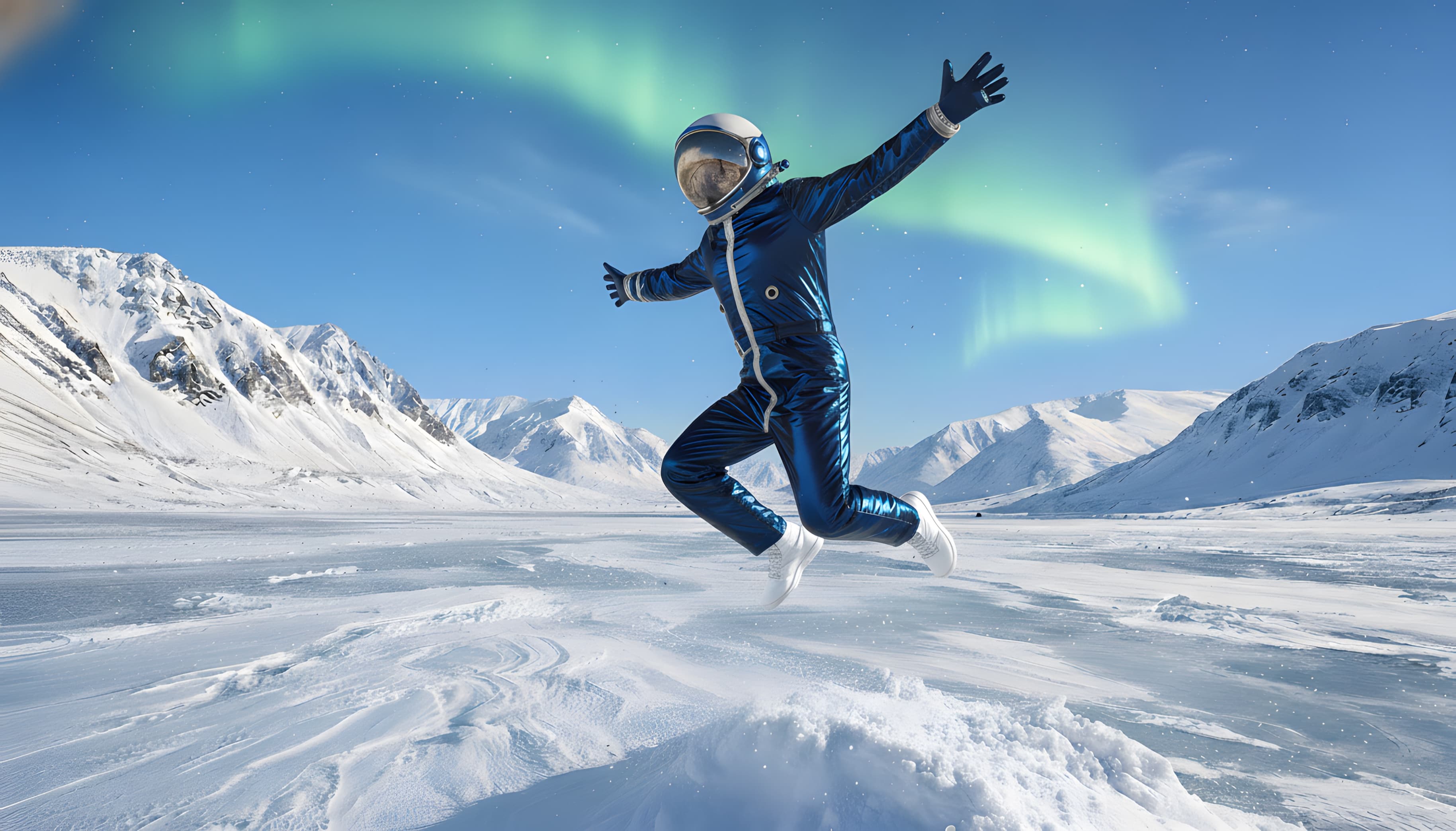 Explorer in futuristic suit jumping across icy landscape with aurora